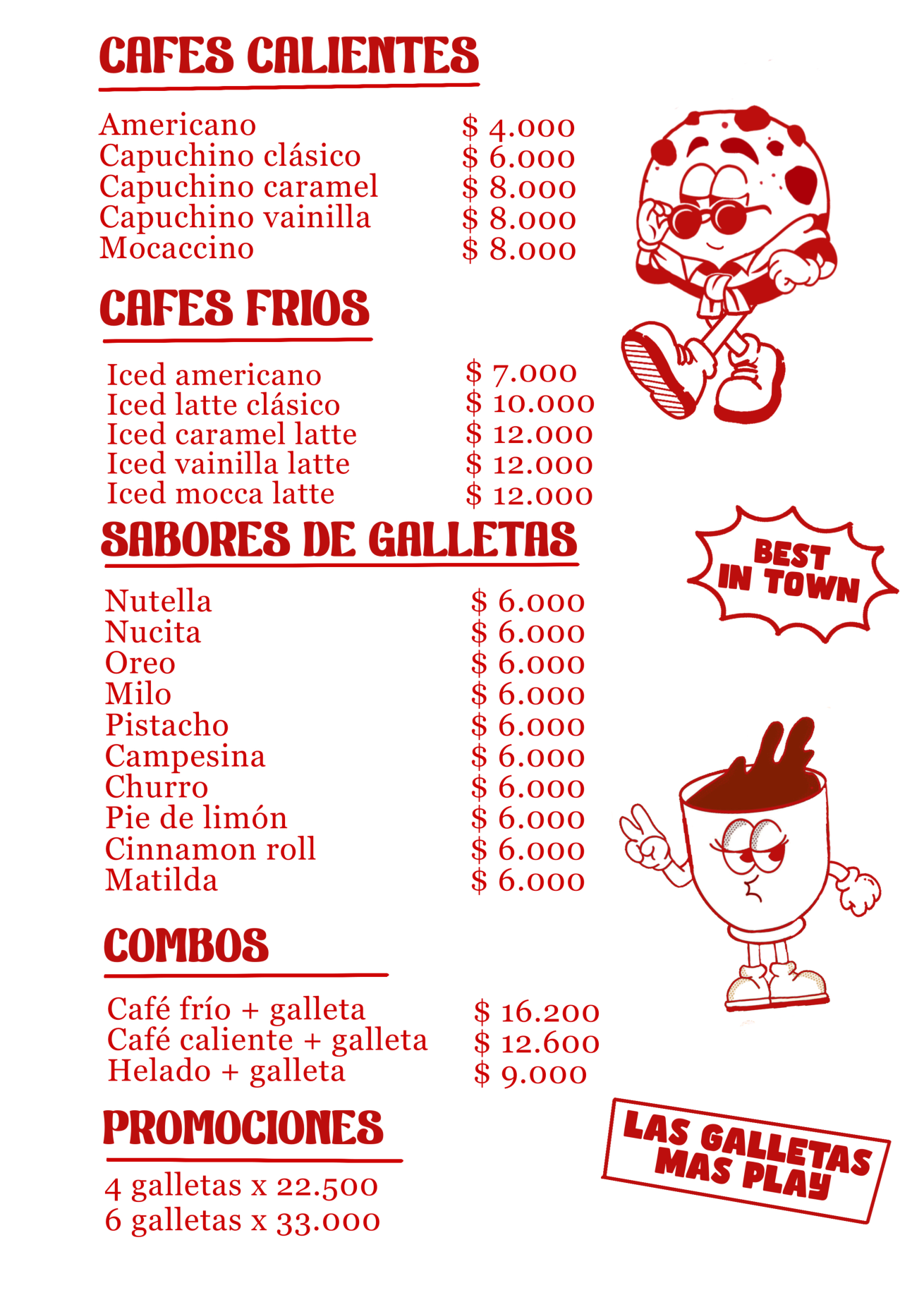 Menú de Rolito's: cafés calientes, cafés fríos, sabores de galletas, combos y promociones
